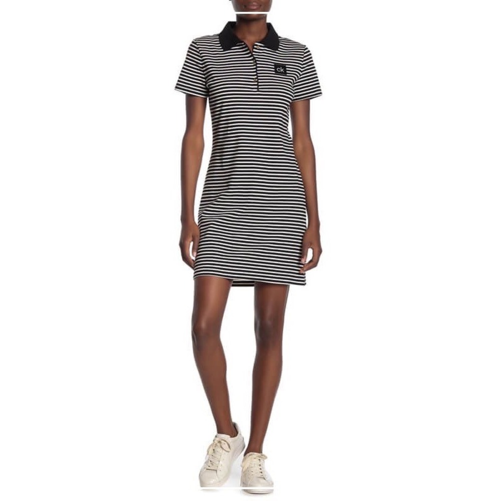 CALVIN KLEIN Striped Polo Mini Dress Navy White Nautical Preppy S